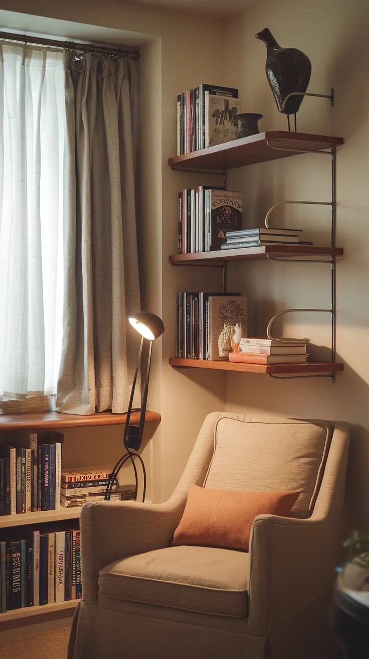 Escape to your own personal sanctuary in this cozy reading nook, tucked away in a quiet corner of your living room library.  The compact living room ideas showcased here prove that even a small space library can offer a relaxing reading area, brimming with comfortable living room design and snug corner design. This home library idea is perfect for quiet reading and showcases smart small living room decor.