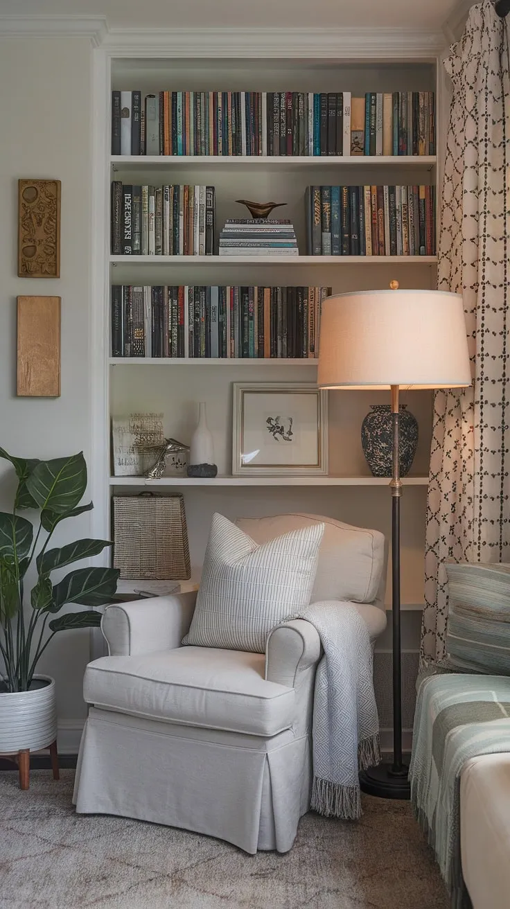 Escape to your own quiet reading corner in this cozy reading nook.  This small space library, tucked into a living room library corner, offers the perfect blend of comfort and style with compact living room ideas and a snug corner design. The relaxing reading area, complete with a comfortable living room design, is ideal for losing yourself in a good book.  This home library idea proves that even small living room decor can be incredibly inviting.
