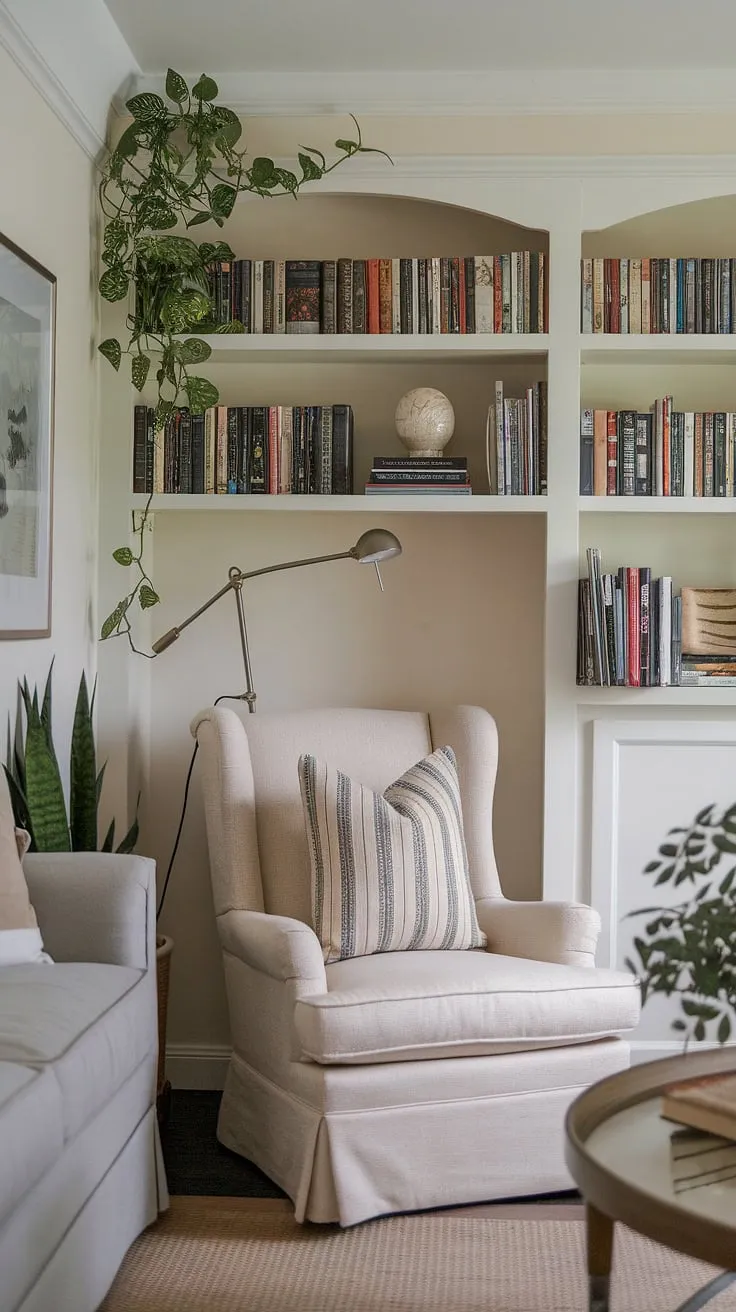 Transform a living room corner into a relaxing reading area with this inspiring small living room decor idea. This cozy reading nook showcases the potential of a small space library, offering a comfortable living room design and snug corner design within a compact living room. The built-in bookshelf, complete with a plant and decorative item, adds personality to this quiet reading corner, making it the perfect spot for escaping into a good book.