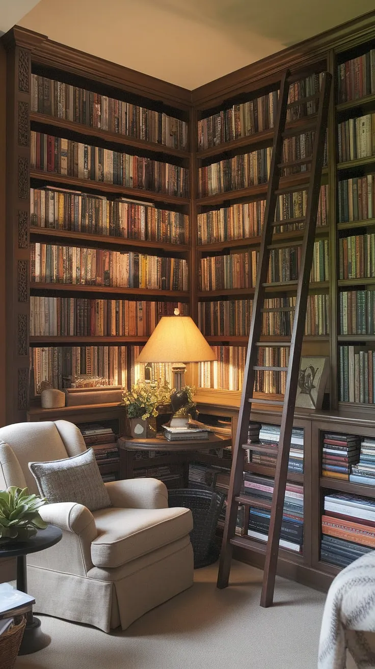 Escape to this cozy reading nook nestled in a living room library corner.  The warm hues and carefully curated bookshelves create a relaxing reading area perfect for quiet contemplation. This small space library showcases compact living room ideas and snug corner design, offering a comfortable living room design even in a small living room.  It's the ultimate home library idea for those seeking a quiet reading corner.