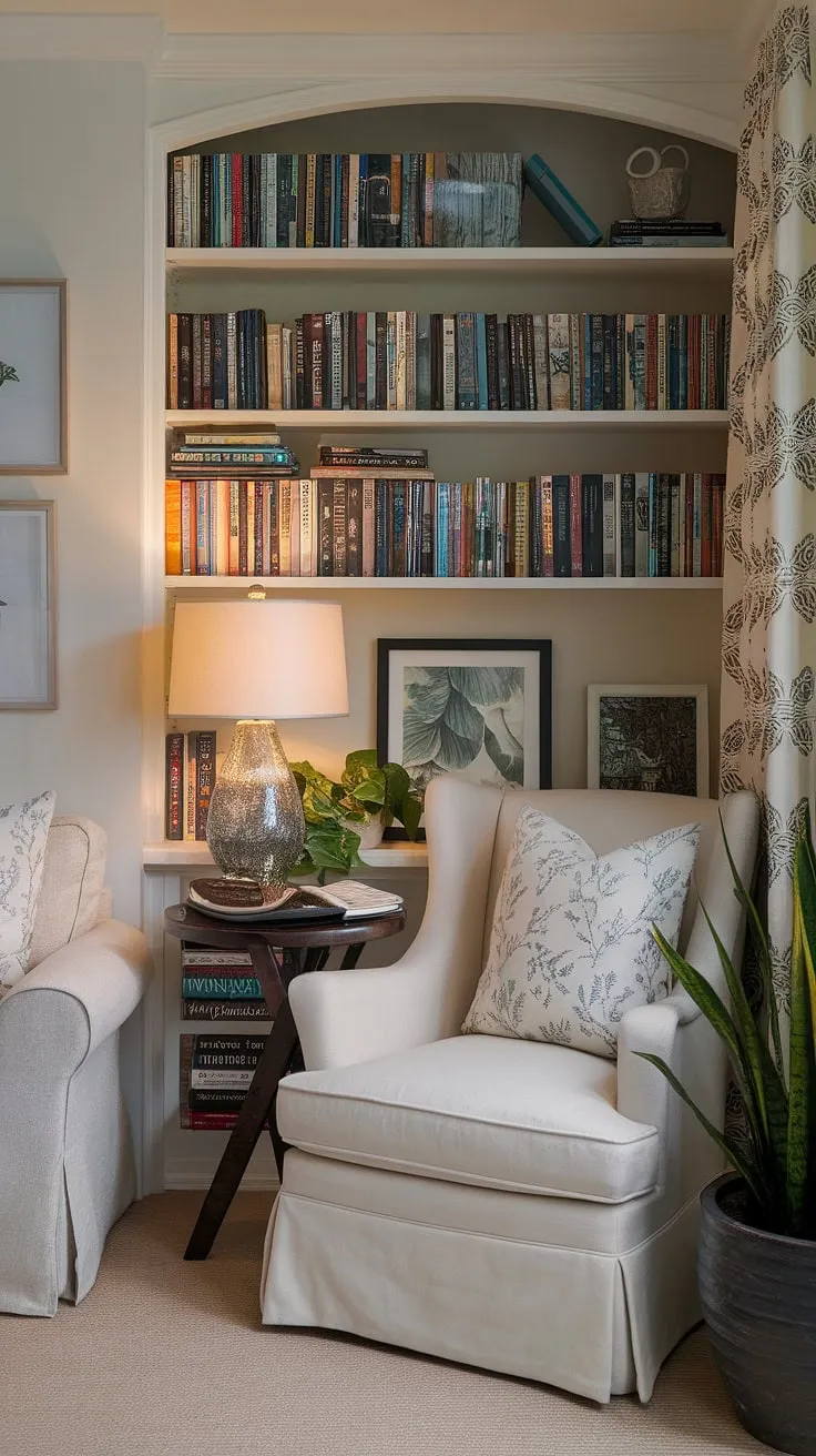 Transform a small living room corner into a haven of tranquility with this inviting living room library corner.  The compact living room ideas showcased here prove that even a snug corner design can accommodate a relaxing reading area. Filled with books and bathed in warm light, this quiet reading corner offers the perfect escape, showcasing clever home library ideas and inspiring small living room decor.