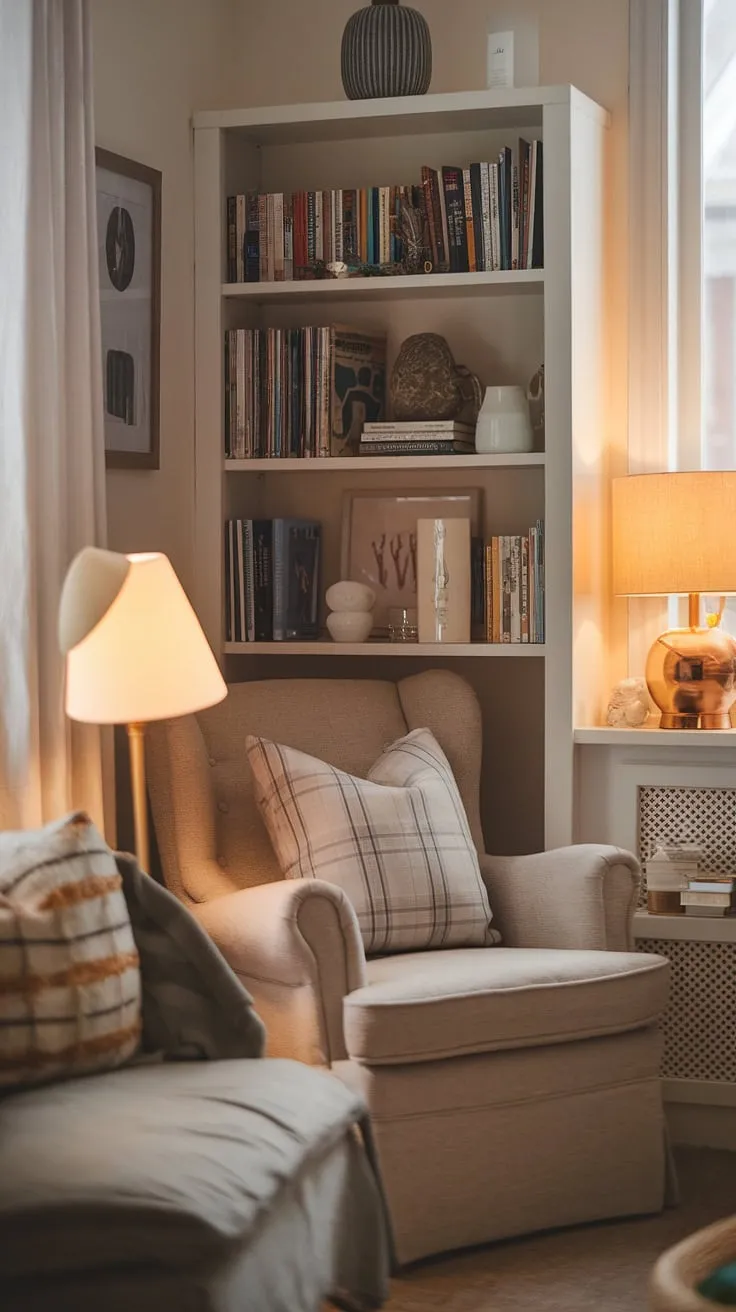 Escape to your own quiet reading corner in this charming living room library corner. This cozy reading nook, a perfect example of compact living room ideas and comfortable living room design, proves that a small space library can be both functional and aesthetically pleasing.  The snug corner design and warm lighting create the ultimate relaxing reading area, offering inspiration for your own home library ideas and small living room decor.