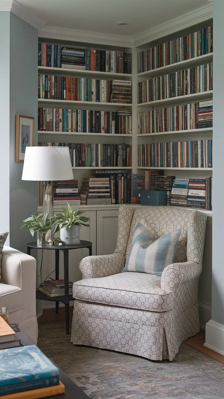 This small space library is the epitome of comfortable living room design.  A quiet reading corner nestled within your living room, this cozy reading nook offers a relaxing reading area perfect for escaping into a good book.  With clever compact living room ideas, you can create a living room library corner as charming as this, showcasing your home library ideas and elevating your small living room decor with a snug corner design.