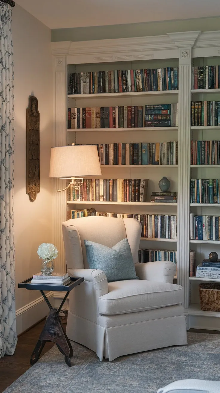 Escape to your own quiet reading corner in this charming living room library corner. This small space library, designed for ultimate comfort, features a relaxing reading area perfect for losing yourself in a good book. The snug corner design, complete with a comfortable armchair and warm lighting, embodies comfortable living room design and offers inspiration for compact living room ideas and home library ideas.  A perfect example of how small living room decor can create a big impact.