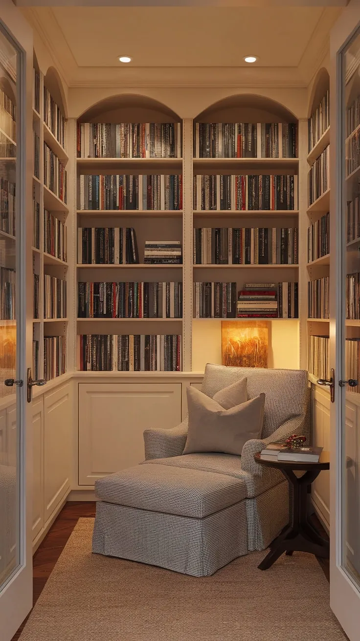 Transform a living room library corner into a haven of tranquility with this small living room decor solution.  The compact living room ideas showcase how a cozy reading nook can be created even in the smallest of spaces. This quiet reading corner offers a relaxing reading area perfect for losing yourself in a good book.  Discover the joy of a small space library in your own home.