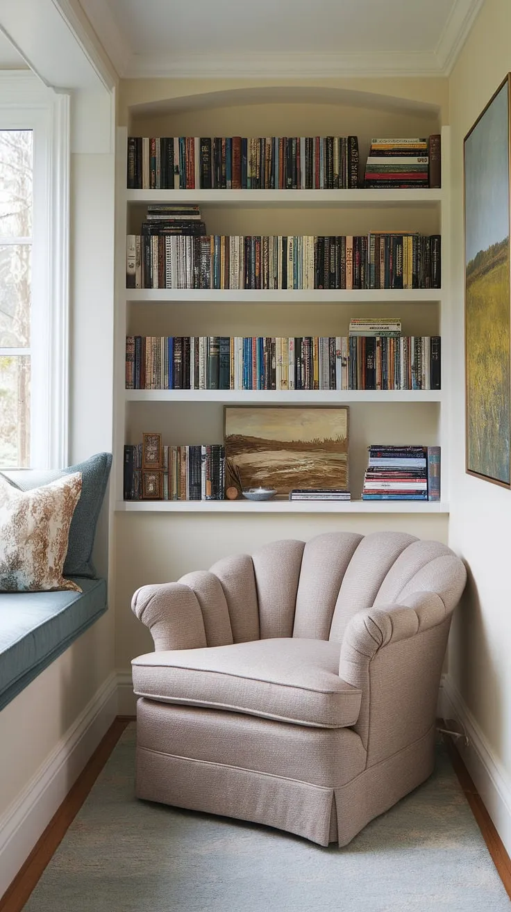 Transform a small living room corner into a haven of tranquility with this inviting living room library corner.  This cozy reading nook, a testament to small living room decor, features a relaxing reading area perfect for losing yourself in a good book. The snug corner design, complete with a wall-mounted bookshelf and plush reading chair, offers the ultimate quiet reading experience in this small space library.