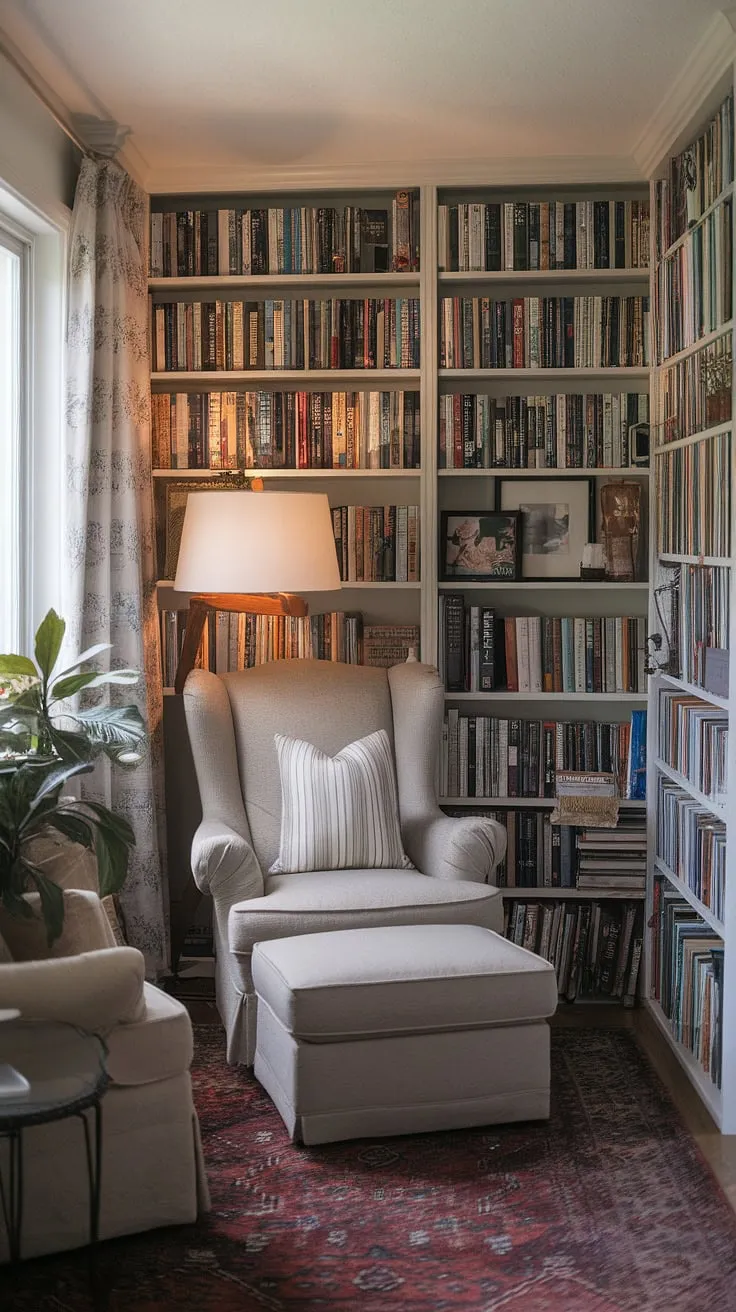 Transform a small living room into a haven of tranquility with this snug corner design.  This small space library, nestled within a relaxing reading area, demonstrates how even compact living room ideas can create a captivating living room library corner. The result? A cozy reading nook perfect for quiet contemplation, showcasing inspiring small living room decor and home library ideas.