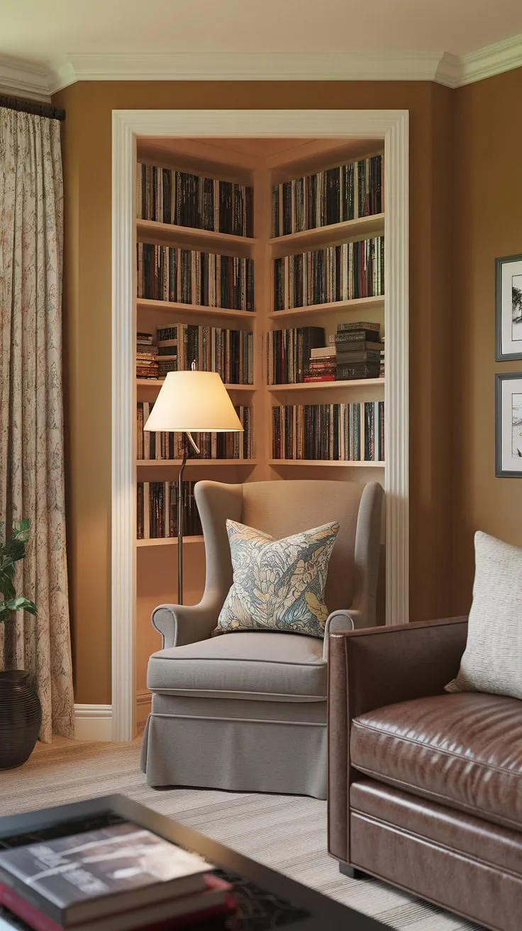 Escape to your own quiet reading corner nestled within this compact living room design.  A small space library, this cozy reading nook features a snug corner design, perfect for unwinding with a good book.  The living room library corner, complete with a comfortable chair and warm lighting, offers a relaxing reading area and exemplifies smart home library ideas and small living room decor.