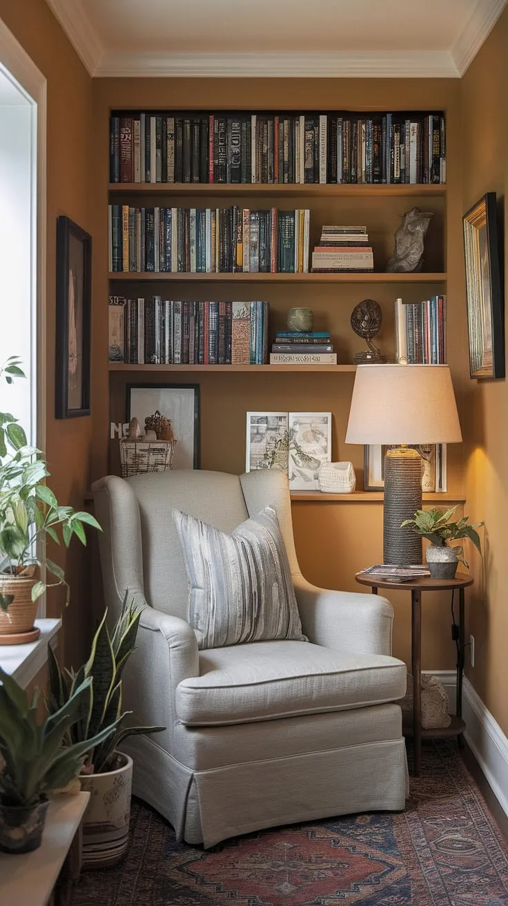 Transform a small corner into a haven of tranquility with this snug corner design.  This living room library corner boasts a small space library, creating a cozy reading nook perfect for quiet contemplation.  The comfortable living room design, incorporating relaxing reading area elements and thoughtful small living room decor, showcases the potential of compact living room ideas for even the smallest spaces.