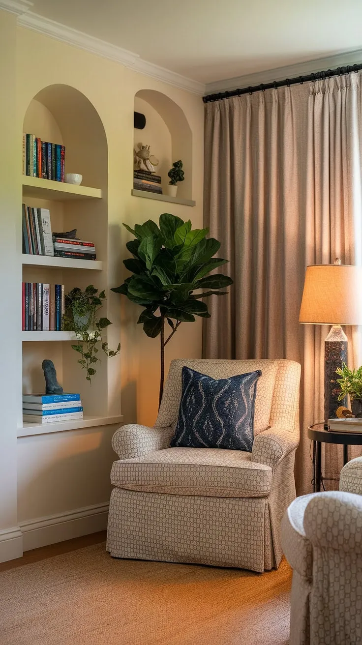 Transform a small living room into a haven of tranquility with this snug corner design.  This quiet reading corner, a perfect example of compact living room ideas and comfortable living room design, showcases a small space library within a living room library corner.  The cozy reading nook is the ultimate relaxing reading area, offering inspiration for your own home library ideas and small living room decor.