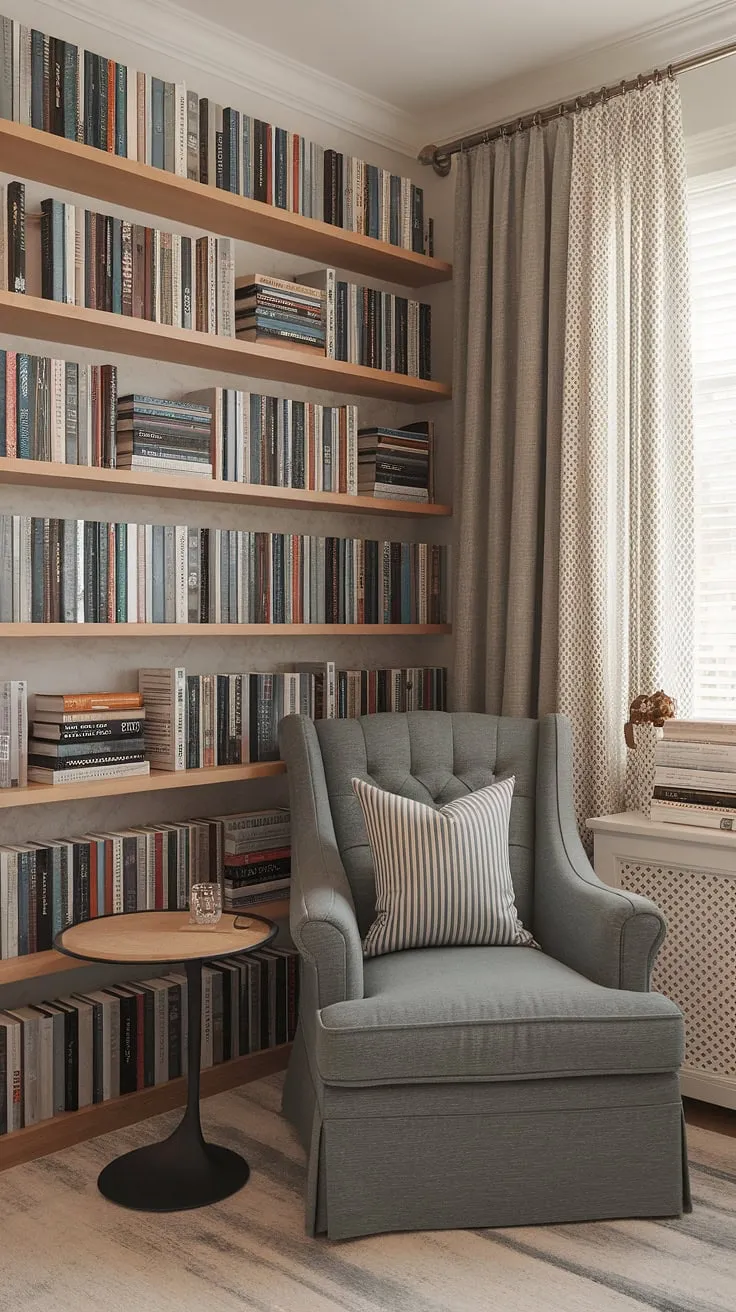 Transform a small space into a haven of tranquility with this compact living room design.  This living room library corner boasts a cozy reading nook, a relaxing reading area perfect for losing yourself in a good book.  The snug corner design and quiet reading corner are testaments to smart small living room decor and inspiring home library ideas.