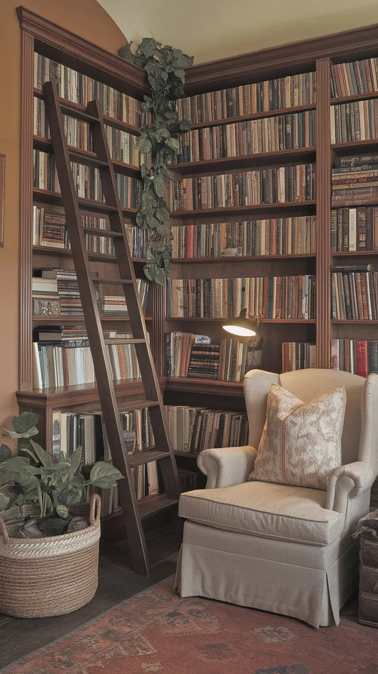Transform a small living room corner into a haven of tranquility with this cozy reading nook.  The compact living room ideas showcased here create a relaxing reading area perfect for escaping into a good book. This snug corner design, complete with a comfortable living room design and home library ideas, proves that even a small space library can be a quiet reading corner filled with charm.