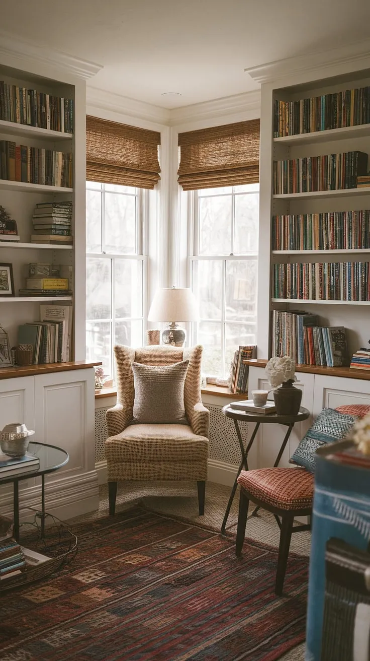 Escape to your own personal sanctuary in this cozy reading nook, a perfect blend of comfortable living room design and small space library solutions.  This quiet reading corner, tucked away in the living room library corner, offers a relaxing reading area and inspires creative home library ideas for even the smallest living room decor.  The snug corner design maximizes space with compact living room ideas.