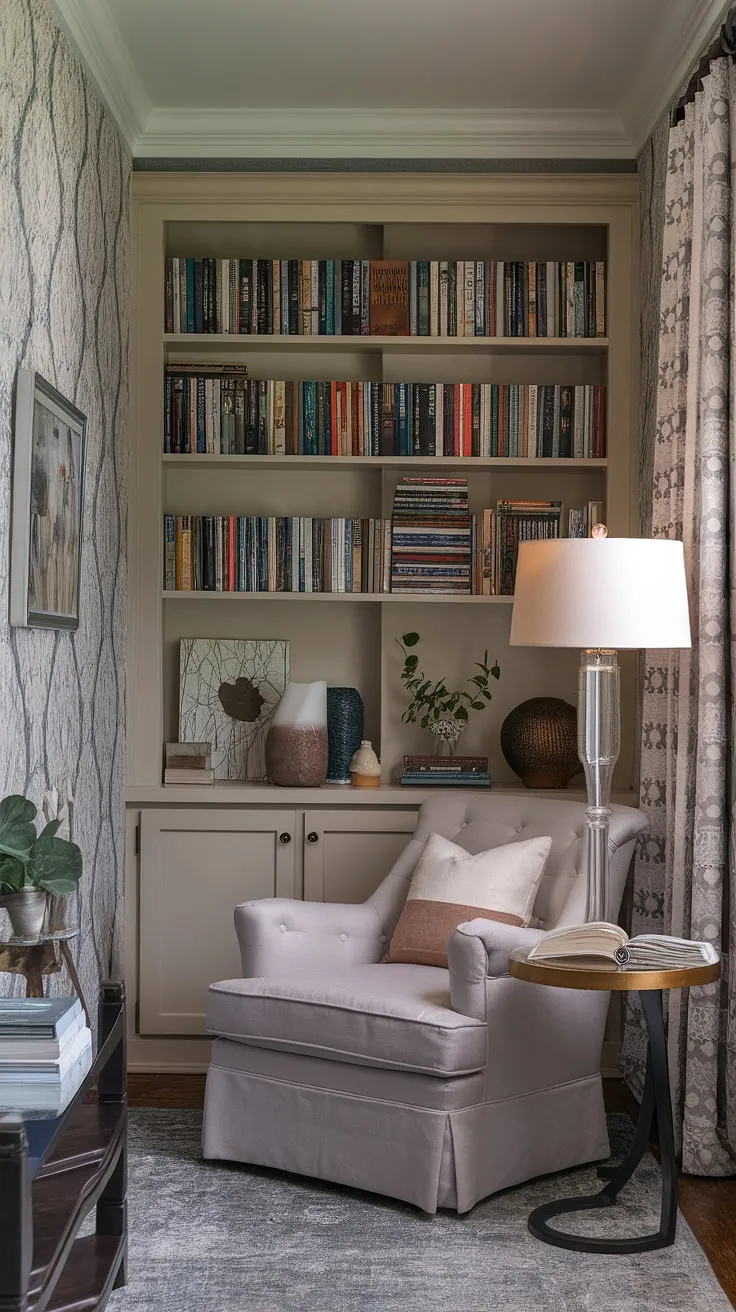 Transform a small living room corner into a haven of tranquility with this charming living room library corner.  This small space library showcases how compact living room ideas can create a truly relaxing reading area. The snug corner design, complete with a plush chair and soft lighting, is the epitome of cozy reading nook perfection.  Discover the joy of quiet reading corners and explore these home library ideas for your own small living room decor.