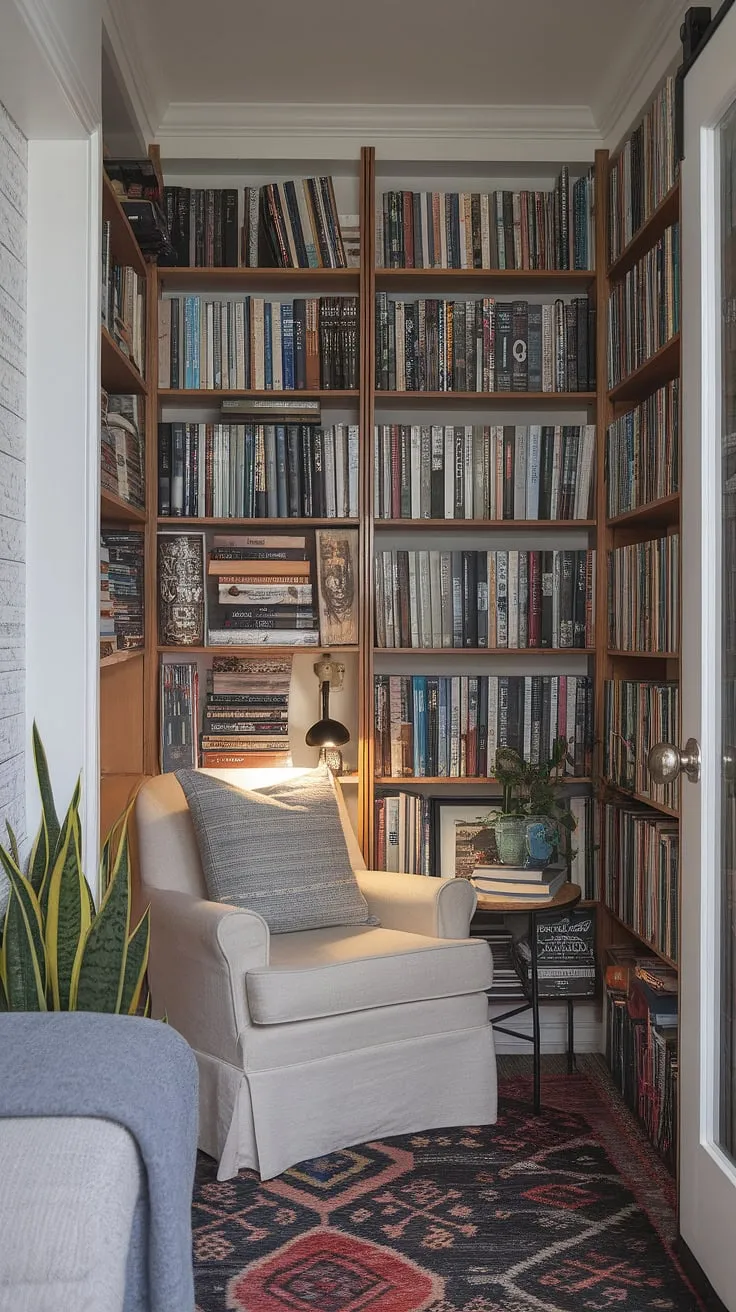 This quiet reading corner is the epitome of comfortable living room design.  The small space library, tucked neatly into this living room library corner, offers a relaxing reading area within a snug corner design.  These compact living room ideas prove that even small living room decor can create a truly inviting and functional home library.