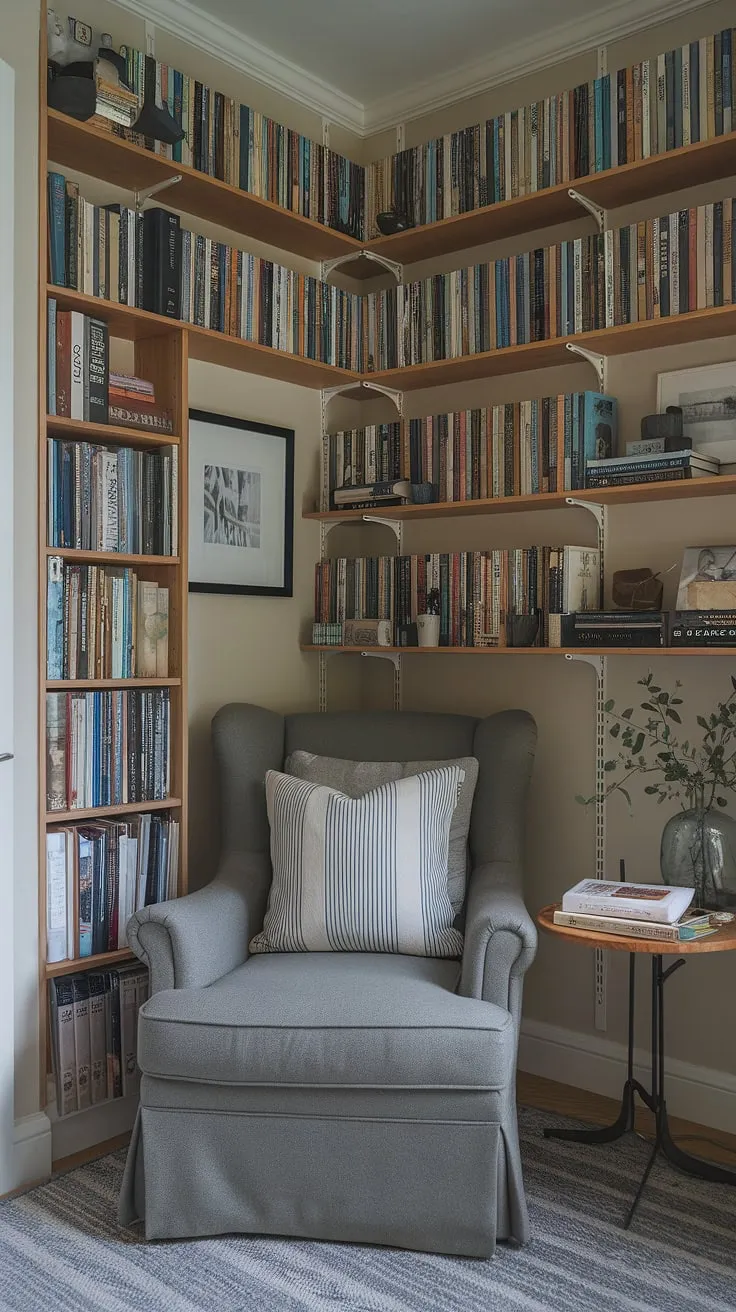 Transform a small corner into a haven of tranquility with this relaxing reading area.  This snug corner design showcases clever compact living room ideas, creating a cozy reading nook and small space library within a comfortable living room design.  Perfect for quiet reading, this home library idea proves that even limited space can accommodate a living room library corner.