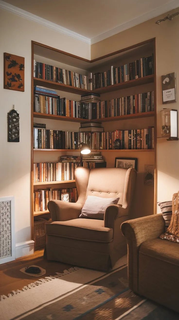 Transform your living room into a haven of tranquility with this inviting, cozy reading nook.  Our small space library, complete with a comfortable armchair and soft rug, offers the perfect relaxing reading area. This comfortable living room design demonstrates how compact living room ideas can create a snug corner design ideal for quiet reading.  Discover the joy of reading in this charming home library, a perfect example of small living room decor.