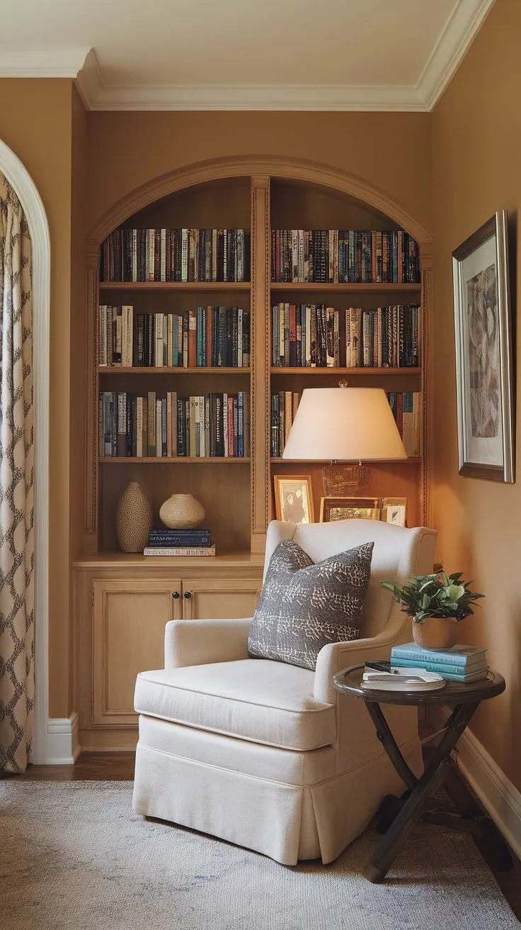 Escape the everyday in this cozy reading nook, a perfect blend of comfortable living room design and small space library magic.  This snug corner design, tucked away in a living room library corner, offers the ultimate relaxing reading area for quiet reading.  Home library ideas don't get much better than this compact living room ideas solution for small living room decor.
