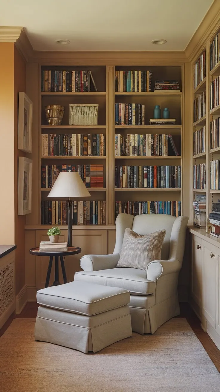 Escape to your own personal sanctuary in this cozy reading nook, a perfect blend of comfortable living room design and small space library solutions.  This quiet reading corner, tucked away in a living room library corner, offers the ultimate relaxing reading area, showcasing clever compact living room ideas and snug corner design for book lovers.  Home library ideas don't get much better than this.