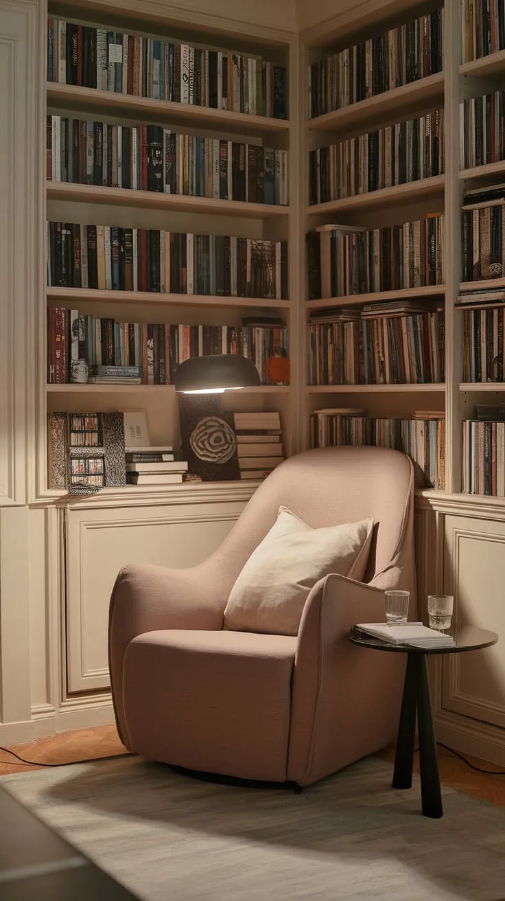 Transform a corner of your living room into a haven of tranquility with this cozy reading nook.  Surrounded by bookshelves brimming with literary treasures, this small space library offers the perfect relaxing reading area for quiet contemplation.  A testament to comfortable living room design and compact living room ideas, this snug corner design proves that even small living room decor can create a big impact.