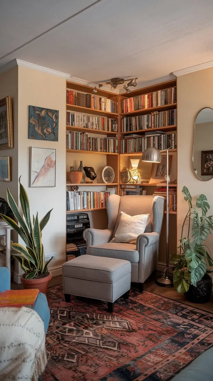 Escape to your own personal sanctuary in this cozy reading nook.  The living room library corner, a testament to comfortable living room design and compact living room ideas, offers a relaxing reading area perfect for losing yourself in a good book. This snug corner design, showcasing small space library solutions and home library ideas, transforms a small living room decor into a quiet reading corner brimming with charm.