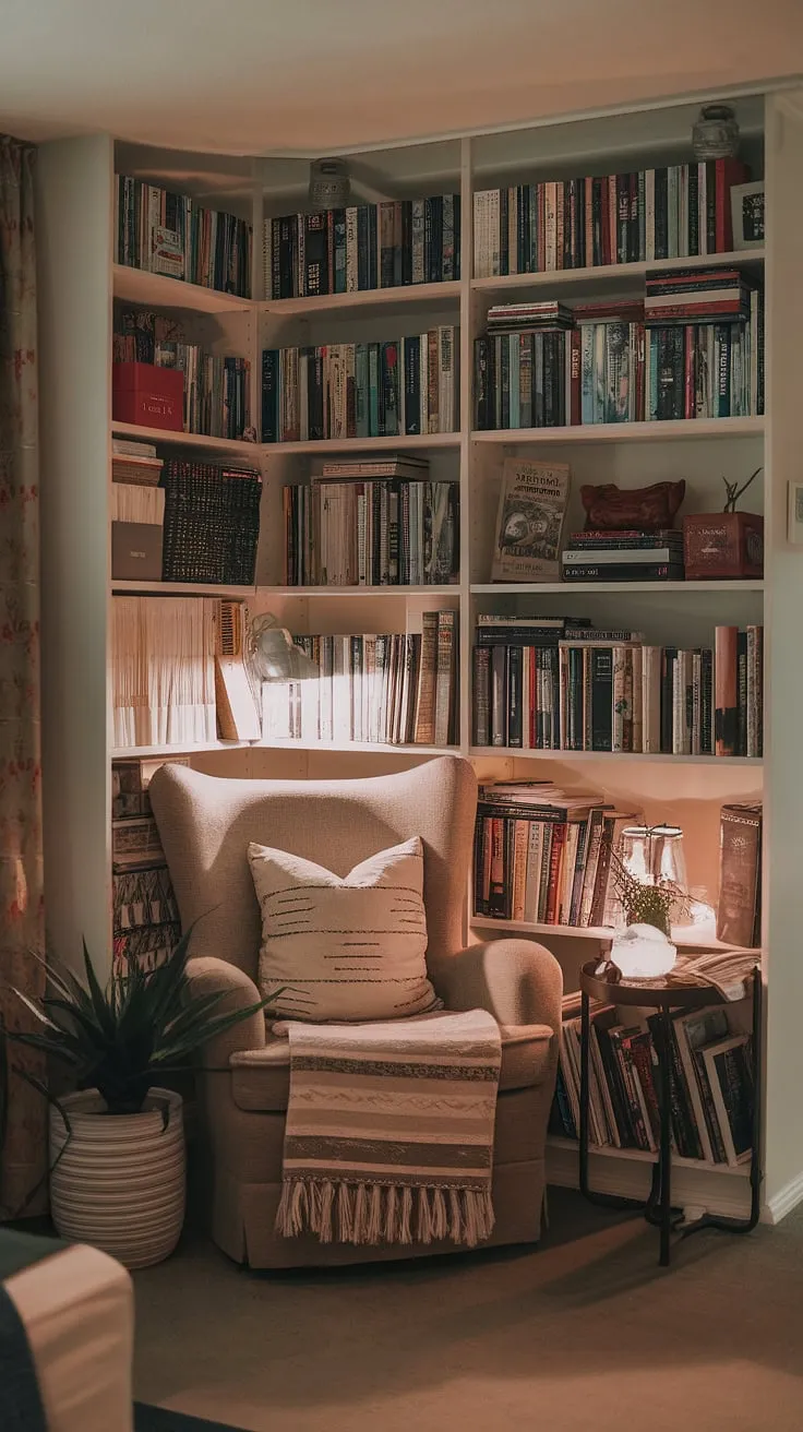 Escape to your own quiet reading corner in this charming living room library corner.  This small space library demonstrates that comfortable living room design and compact living room ideas can coexist beautifully.  The snug corner design, complete with a cozy reading nook and warm lighting, creates the perfect relaxing reading area.  Find inspiration for your own home library ideas with this small living room decor masterpiece.