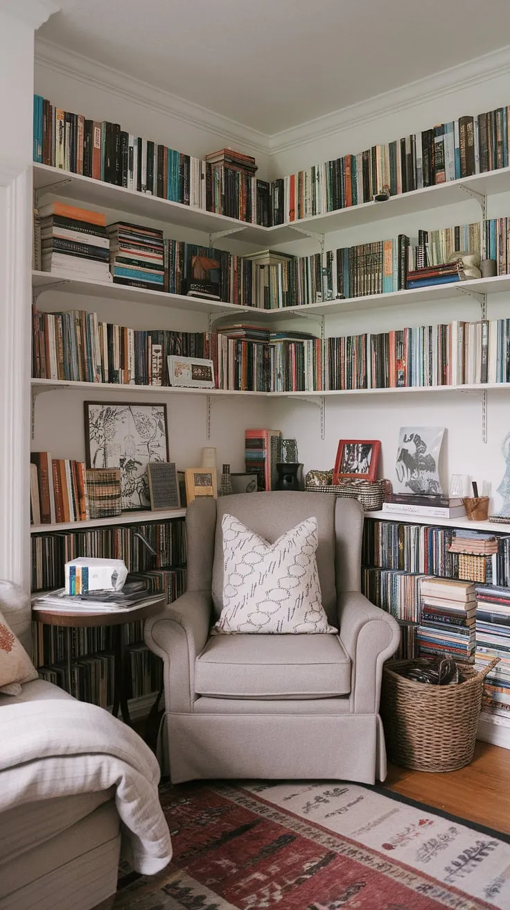 Escape to your own personal sanctuary in this cozy reading nook, transforming a small living room corner into a haven for book lovers.  The compact living room ideas create a relaxing reading area perfect for quiet reading, showcasing clever home library ideas and comfortable living room design within a snug corner design. This small space library is a testament to how even limited space can accommodate a living room library.