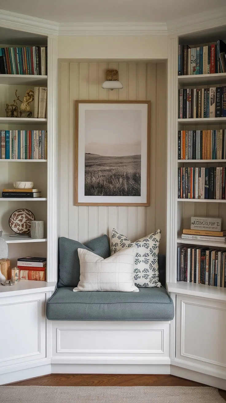 Transform a small living room into a haven of tranquility with this ingenious living room library corner.  This compact living room design showcases a cozy reading nook, a snug corner design perfect for escaping into a good book.  The relaxing reading area, complete with inspiring artwork, offers the ultimate quiet reading corner, proving that even small space libraries can be brimming with charm and home library ideas.