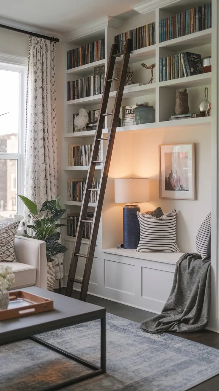 Escape to your own personal sanctuary in this cozy reading nook, nestled within a compact living room design.  The small space library, complete with a ladder and overflowing shelves, offers endless literary adventures. This snug corner design, featuring a quiet reading corner and comfortable living room design, is the perfect blend of home library ideas and small living room decor, creating a relaxing reading area where you can unwind and lose yourself in a good book.