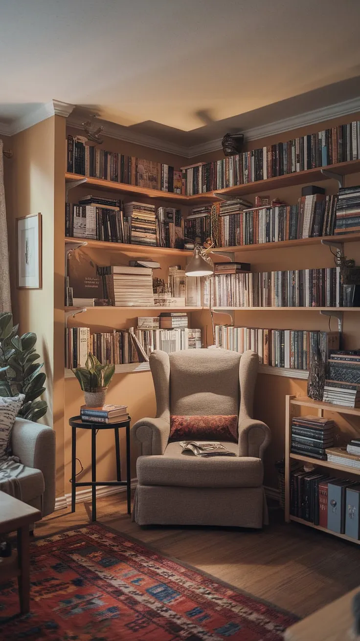 Transform a corner of your living room into a haven of tranquility with this cozy reading nook.  This small space library, brimming with books, offers the perfect relaxing reading area, showcasing comfortable living room design and compact living room ideas.  The snug corner design creates a quiet reading corner ideal for escaping into another world.  It's the ultimate home library ideas for small living room decor.
