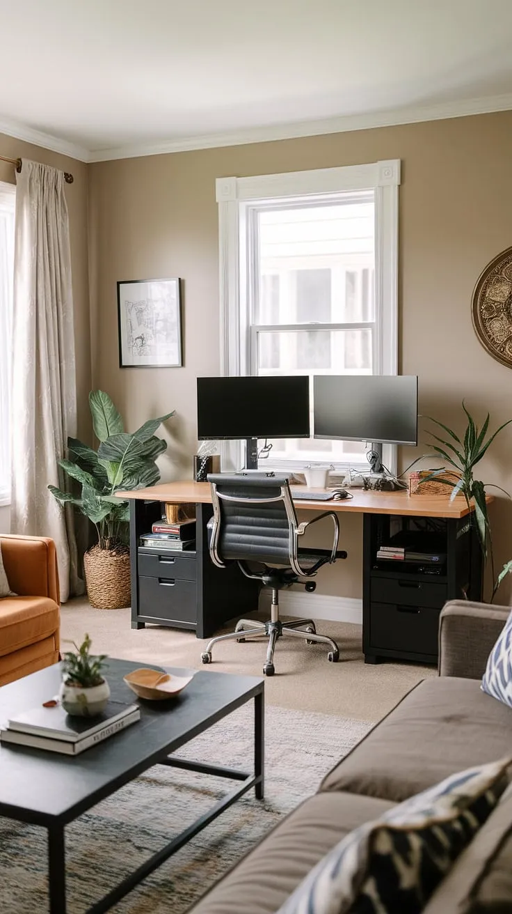 Maximize your space and productivity with this inspiring living room office setup.  Clever home office ideas like this demonstrate how to create a functional small office design, even in a small space office.  The office setup with two monitors is perfect for multitasking, while the compact home office maintains a cozy atmosphere.  This design proves that creating office space in living room doesn't mean sacrificing style.  Consider this for your bedroom office ideas, too!