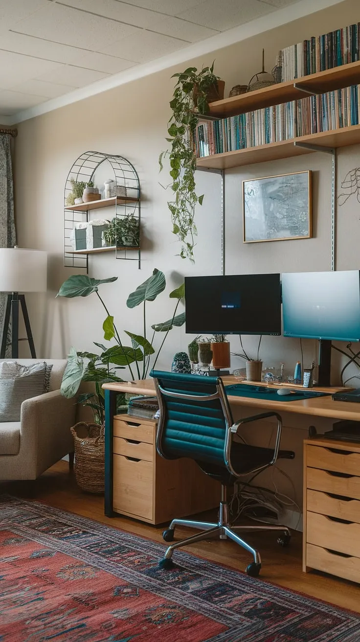 Transforming a corner of your living room into a productive haven? This compact home office setup proves that even a small space office can be stylish and functional.  The office setup with two monitors maximizes screen real estate, while the bookshelf and decorative shelf add personality. Perfect for those seeking home office ideas or bedroom office ideas, this small office design showcases how to create office space in living room without sacrificing style.  This living room office is a testament to efficient home office design.