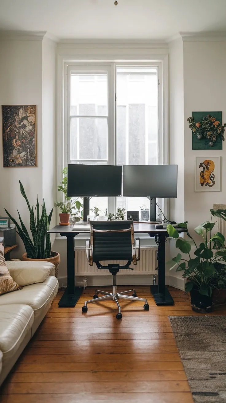 Transforming a corner of your living room into a productive haven? This small space office showcases how to create a functional and aesthetically pleasing home office design.  With a small office design that prioritizes efficiency, this setup features an office setup with two monitors, ideal for those working from home.  Consider this a prime example of home office ideas for small spaces, proving that even a compact home office can be both stylish and practical.  Perfect for those exploring bedroom office ideas or creating office space in a living room, this setup offers inspiration for anyone seeking a small office design solution.