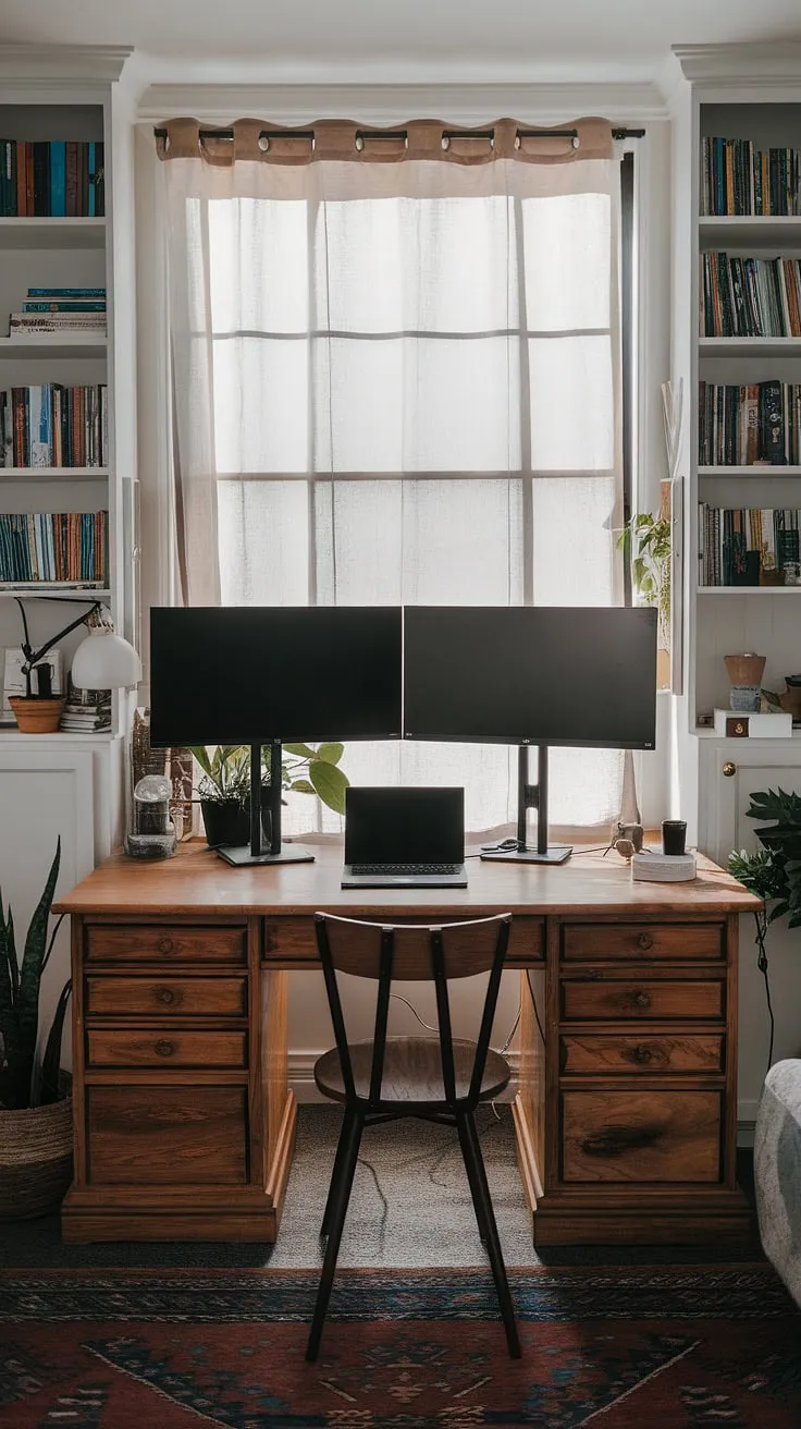 Maximize your living room's potential with this inspiring living room office setup.  This small office design cleverly utilizes a small space office solution, proving that a productive workspace doesn't require a dedicated room.  The office setup with two monitors provides ample screen real estate, while the thoughtful placement of a plant and lamp adds a touch of personality.  Whether you're looking for home office ideas, bedroom office ideas, or simply creating office space in a living room, this compact home office offers a wealth of inspiration.  Even if you're working with limited space, similar to an office in a closet, you can achieve a stylish and functional workspace.