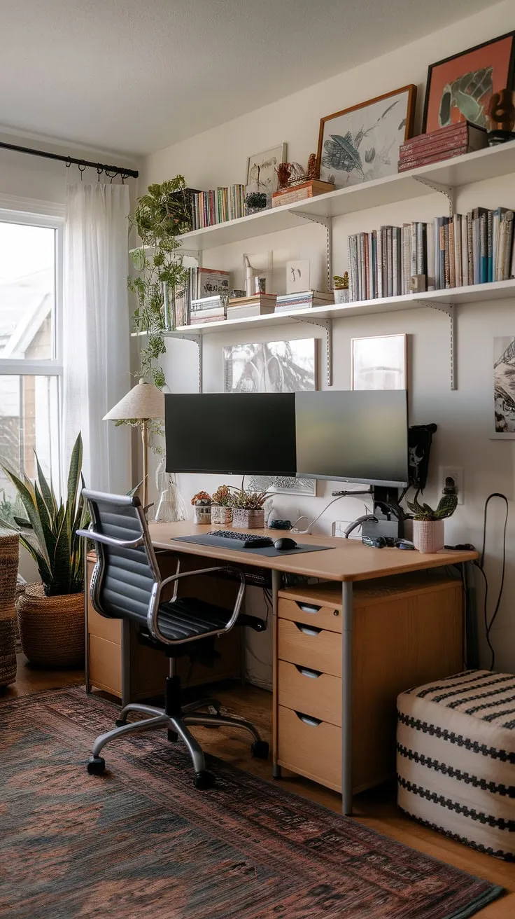 Maximize your workspace without sacrificing style. This living room office boasts a cozy and well-organized feel, proving that small office design doesn't mean compromising on comfort.  This home office ideas showcase how to create a functional office setup with two monitors in a small space office.  Whether you're looking for bedroom office ideas or creating office space in living room, this compact home office is a testament to efficient design.  Even an office in closet could take inspiration from this setup.