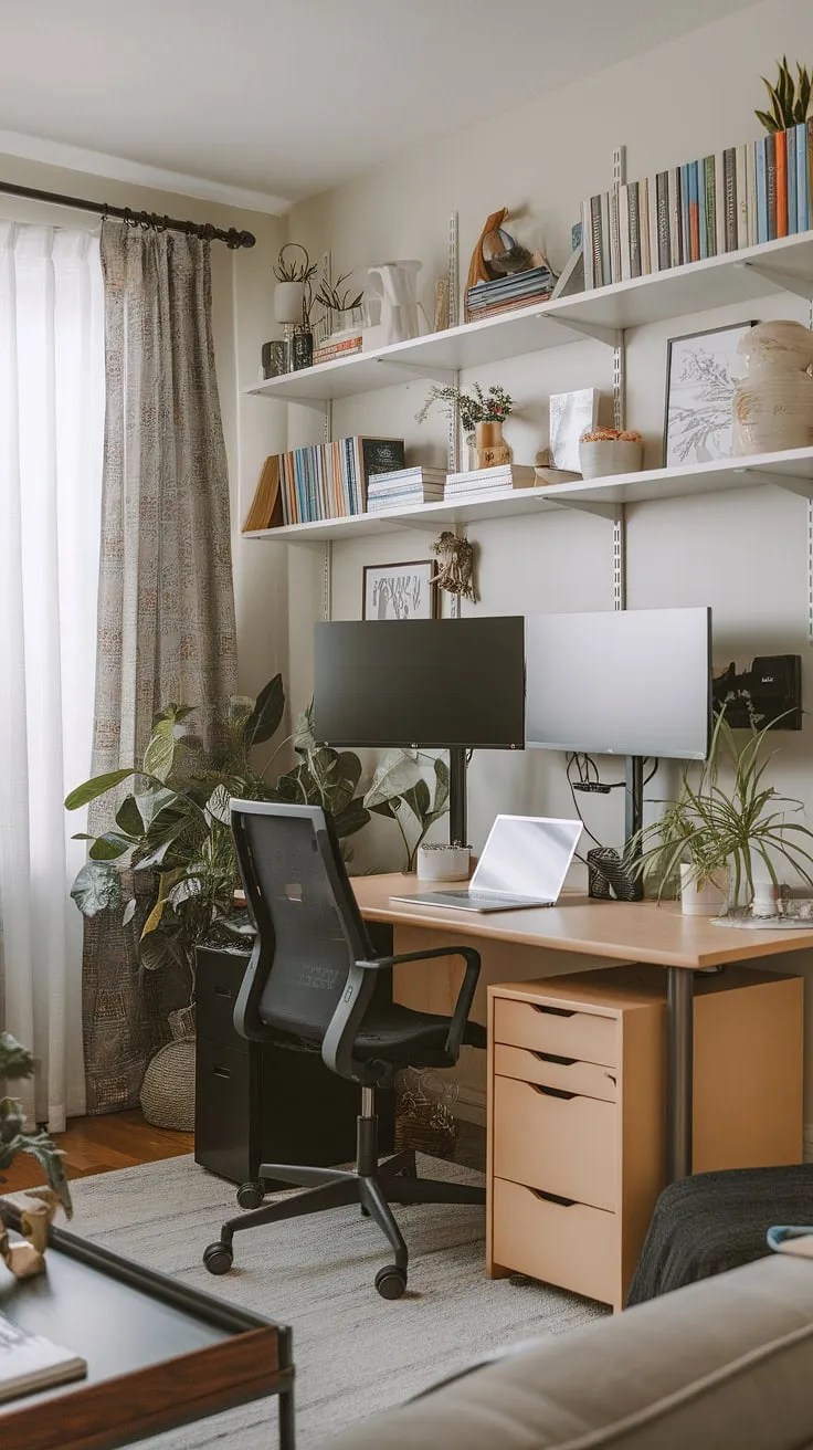 Transforming a living room into a functional and aesthetically pleasing home office is easier than you think! This compact home office showcases smart small office design, utilizing built-in shelves and a well-organized desk.  The office setup with two monitors is perfect for productivity, while the plants and decor add a touch of personality.  Whether you're looking for home office ideas or considering a small space office, even an office in closet could offer similar inspiration. This setup proves that creating office space in a living room can be both stylish and efficient.