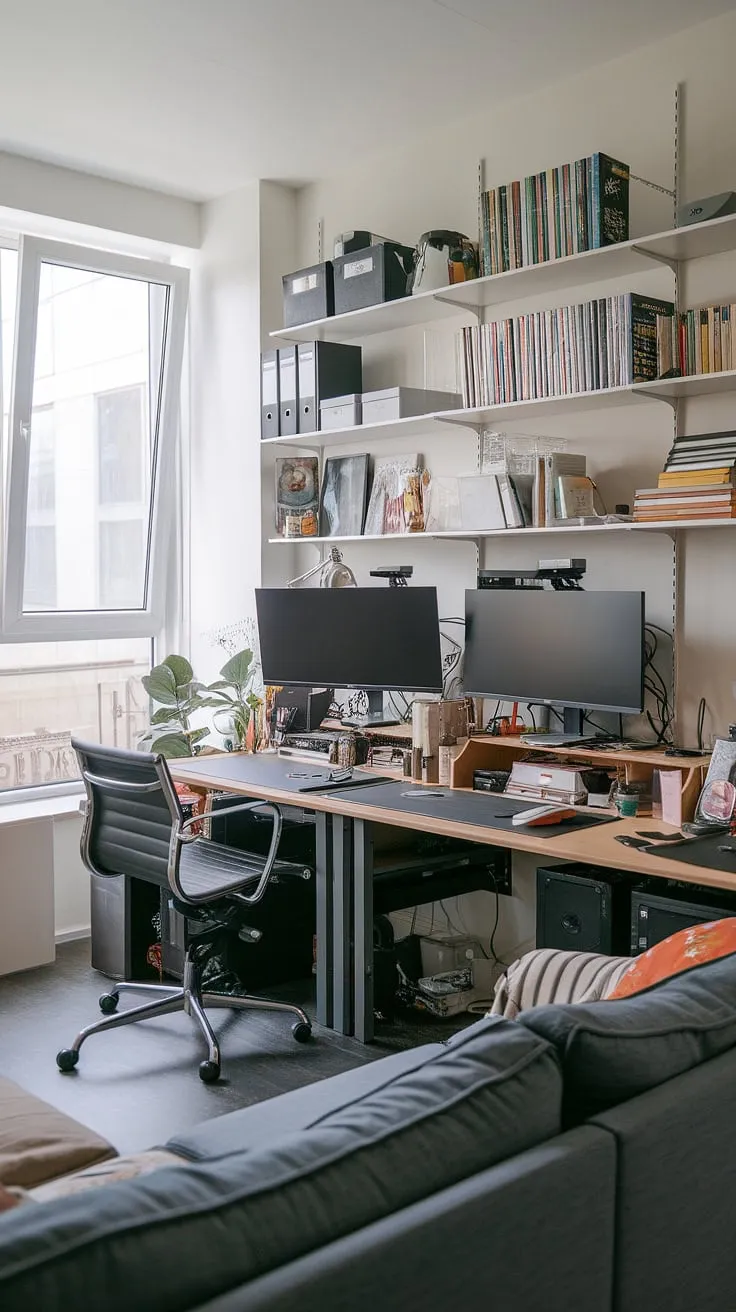 This small space office is the epitome of efficient home office design.  Transforming a living room into a functional workspace doesn't require a large footprint; this small office design proves it.  The office setup with two monitors is perfectly positioned near a window, maximizing natural light.  With clever storage and a comfortable seating area, this compact home office offers home office ideas for even the smallest apartments.  Consider this inspiration for creating office space in your living room, even if you're working with limited space, perhaps even an office in a closet.