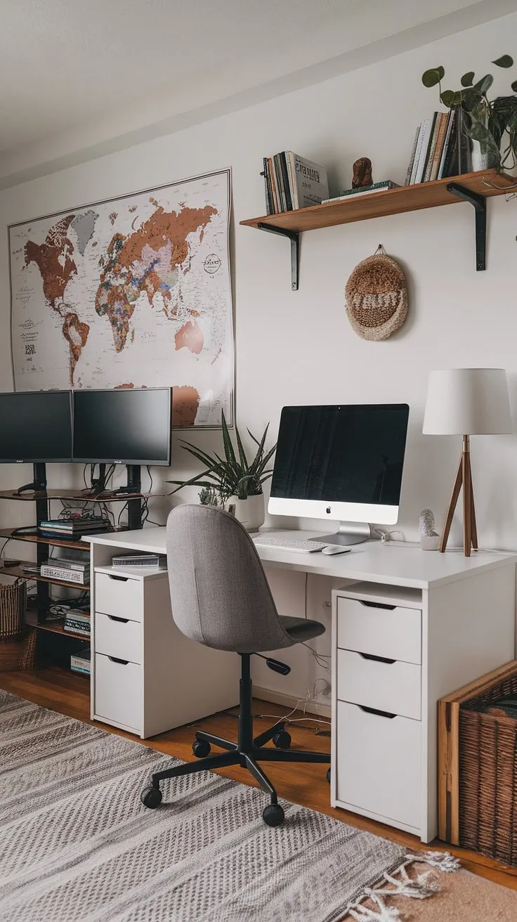 Maximize your space with this inspiring small space office design.  This home office design cleverly integrates a white desk and grey chair into a living room, demonstrating how to create a functional and aesthetically pleasing office setup with two monitors.  Ideal for those seeking home office ideas or exploring options for a compact home office, this setup proves that even an office in closet can be both stylish and productive.