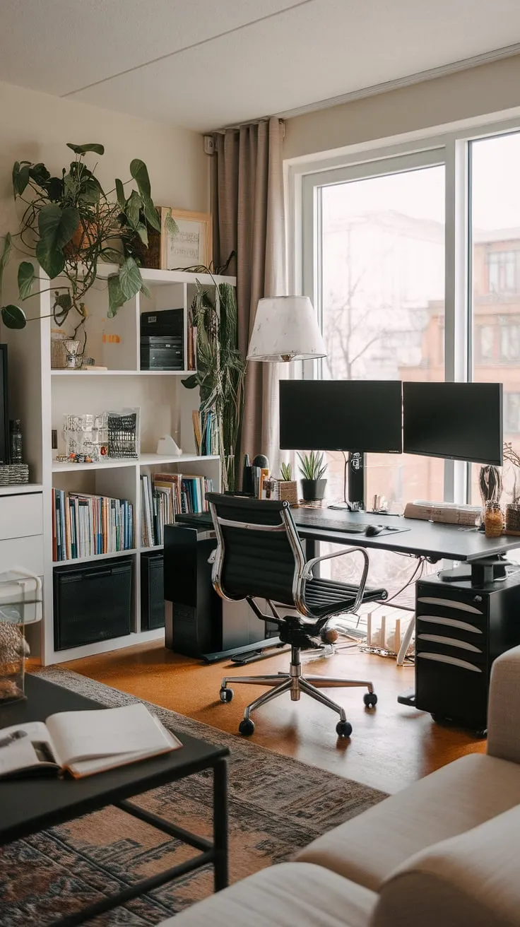 Transform a corner of your living room into a haven of productivity with this small space office.  This home office design demonstrates how to create a functional and stylish workspace, even with limited square footage.  From the office setup with two monitors to the thoughtful placement of a plant, this small office design offers plenty of home office ideas for those seeking a compact home office, perfect for those considering bedroom office ideas or even creating office space in a living room.