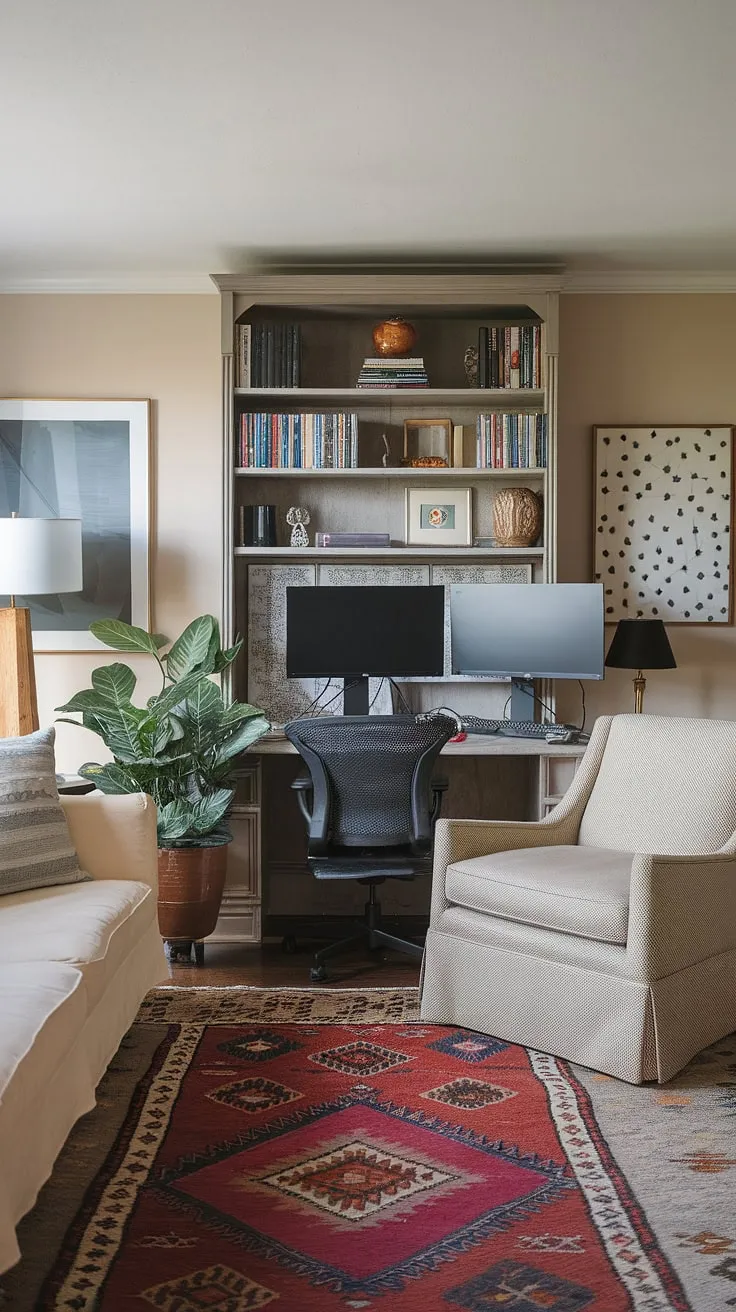 This small space office is the epitome of efficient home office design.  With a thoughtful arrangement, this living room office seamlessly blends work and relaxation.  The office setup with two monitors is the centerpiece, complemented by a comfortable chair and a well-stocked bookshelf.  Perfect home office ideas for those seeking a compact home office, this design shows how creating office space in living room can be both stylish and functional.  Consider this inspiration for your own bedroom office ideas or even if you're thinking of an office in a closet.