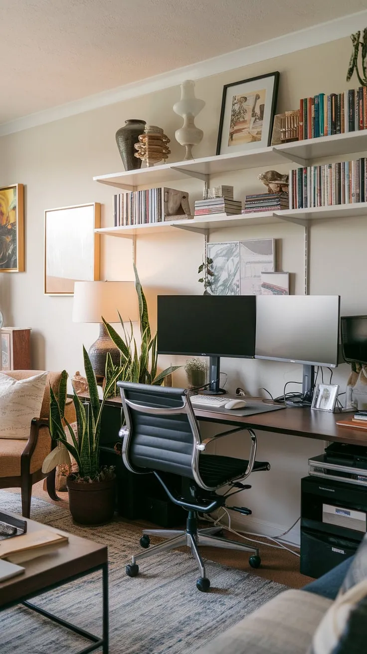 Maximize your space with this inspiring home office ideas example.  This living room office seamlessly blends work and relaxation.  The small office design features a practical office setup with two monitors, proving that a compact home office can be both efficient and aesthetically pleasing.  Creating office space in a living room has never been easier, drawing inspiration from bedroom office ideas and clever small space office solutions.  This setup is proof that even an office in a closet can be a productive and stylish workspace.