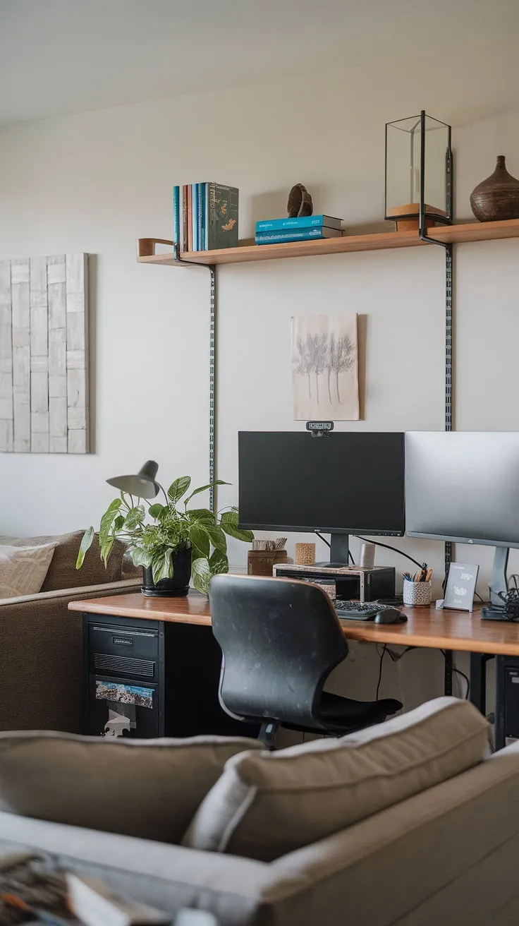 Transforming a living room into a functional and stylish home office doesn't require a huge space. This compact home office setup, perfect for small office design, showcases how to create office space in a living room, even offering bedroom office ideas for those with limited square footage.  The office setup with two monitors maximizes productivity, while the potted plant and wall art add a touch of home.  This small space office proves that even an office in a closet can be inspiring.