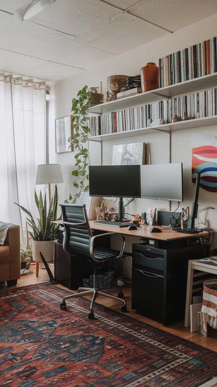 Transforming a living room into a functional and stylish workspace doesn't require a huge space. This compact home office, perfect for home office ideas, showcases how to create office space in a living room with a small office design that maximizes efficiency.  The office setup with two monitors proves that even a small space office can be highly productive, offering bedroom office ideas for those short on space.  This living room office is a testament to smart home office design.
