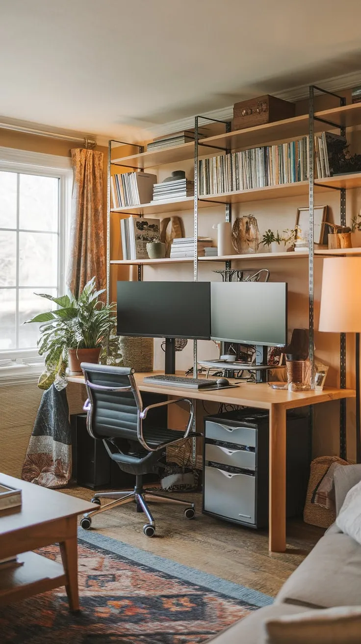 Maximize your space and productivity with this inspiring small office design.  This living room office showcases how to create a functional and aesthetically pleasing workspace, even in a small space office or a repurposed closet.  The office in closet concept is reimagined here with the addition of two monitors, a bookshelf, and a touch of greenery, making it a perfect example of home office ideas and bedroom office ideas.  This compact home office is a masterclass in creating office space in living room.
