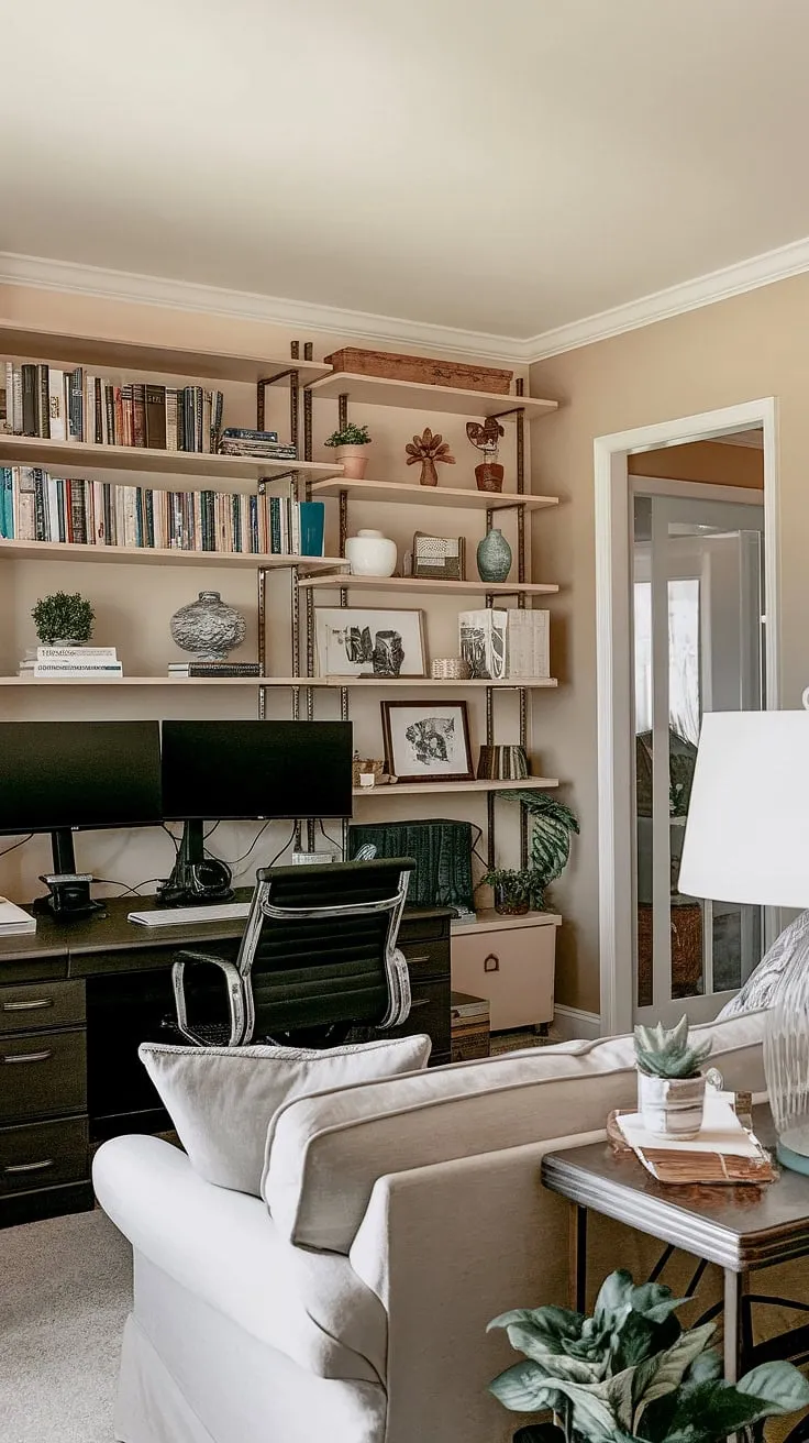 Maximize your space with this living room office setup.  This small office design showcases how to seamlessly integrate a home office into your living area, complete with an office setup with two monitors.  From home office ideas to small space office solutions, this compact home office proves that creating office space in living room is achievable and stylish.  Perfect for those seeking bedroom office ideas or even an office in closet alternative.