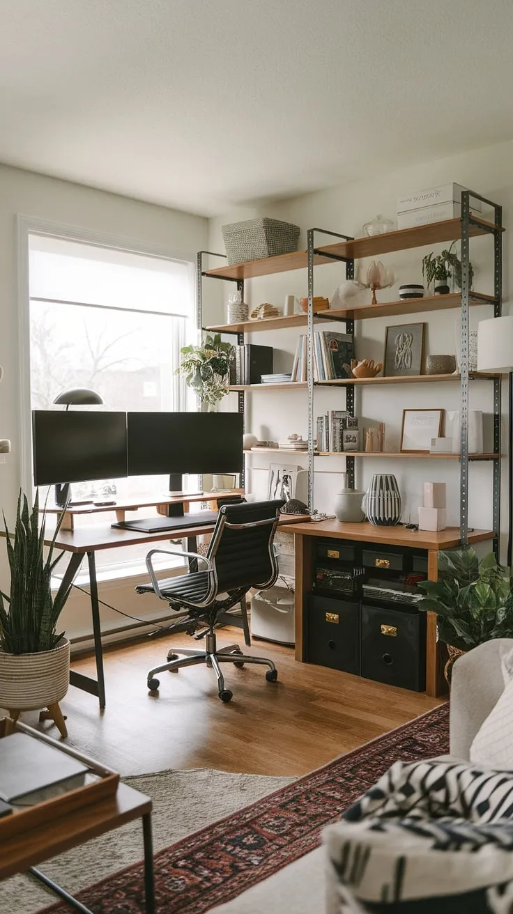 Maximize your space and style with this living room office setup.  This small space office demonstrates how to create a productive and visually appealing home office design, even in a compact area.  Perfect for those seeking home office ideas or bedroom office ideas, this office setup with two monitors offers ample screen real estate without overwhelming the room.  The blend of materials and the strategic placement near a window create a bright and inviting atmosphere.  This is proof that creating office space in a living room can be both functional and chic, even if you're working with a small office design or considering an office in a closet.