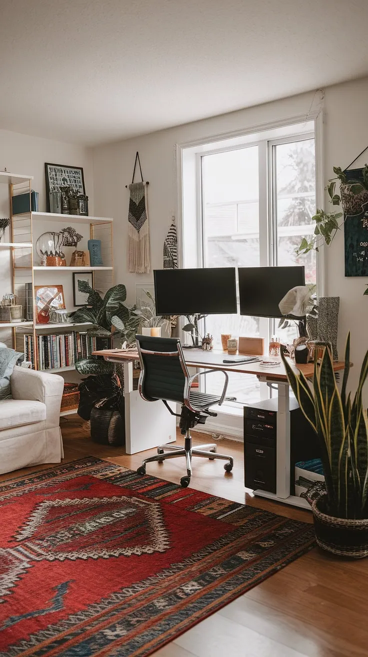 Maximize your space and productivity with this inspiring home office design.  This small space office cleverly utilizes a living room corner, showcasing brilliant small office design ideas.  The office setup with two monitors provides ample workspace, while the addition of a plant and personal items creates a welcoming atmosphere.  Perfect for those seeking bedroom office ideas or creating office space in living room, this compact home office demonstrates that a functional and stylish workspace can be achieved even in the smallest of spaces.  Forget the cramped office in a closet; this living room office is a testament to efficient and inspiring home office ideas.