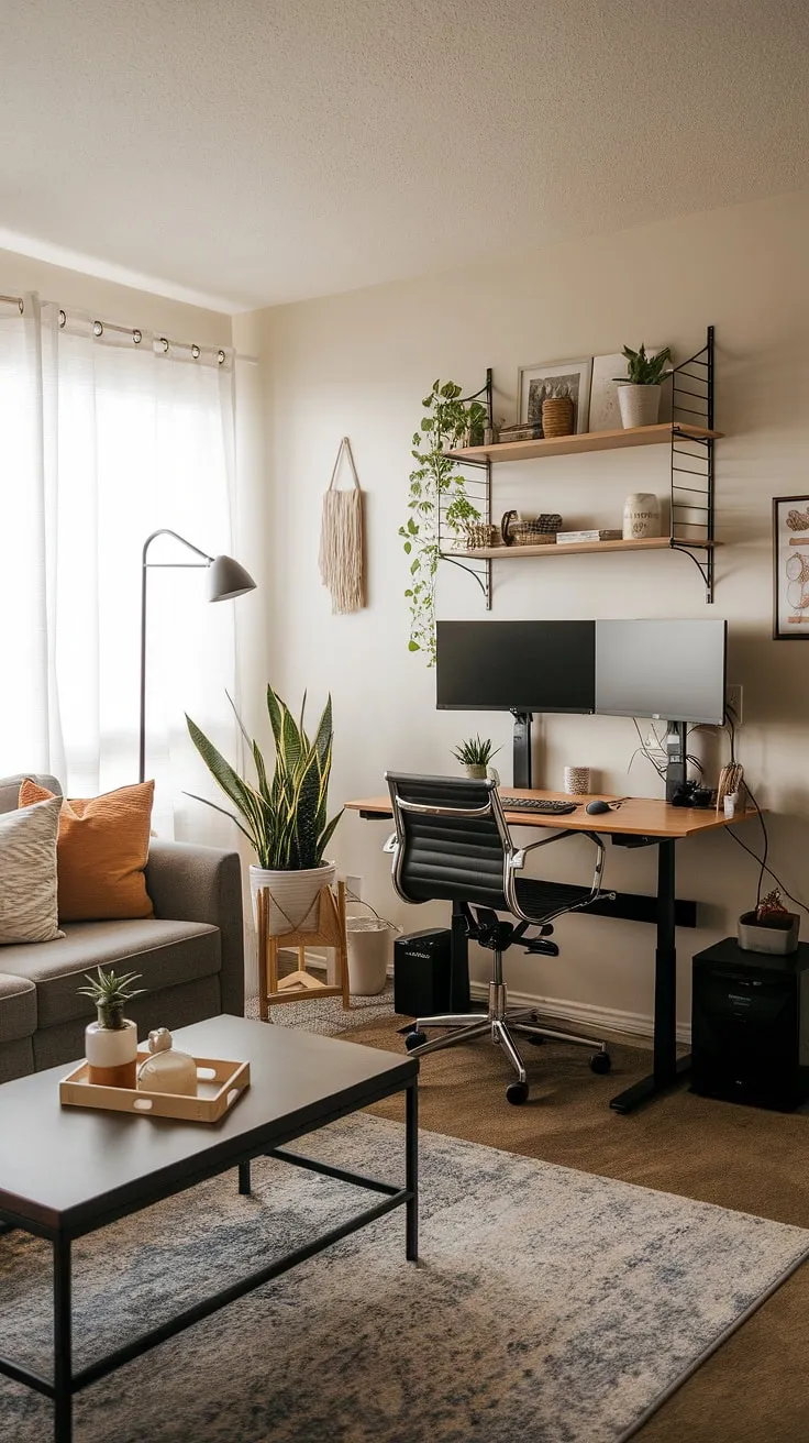 Transforming a living room into a functional and stylish home office doesn't require a major overhaul. This compact home office setup, complete with an office setup with two monitors, proves that even a small space office can be both productive and aesthetically pleasing.  Creating office space in living room is easier than you think, drawing inspiration from bedroom office ideas to maximize space and style.  This small office design showcases how to seamlessly blend work and relaxation.