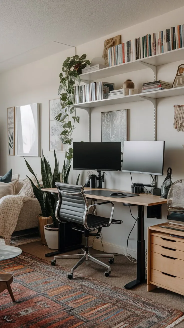 Maximize your space and productivity with this inspiring living room office setup.  Clever home office ideas like this compact home office demonstrate how to create office space in a living room, even in a small space office.  The office setup with two monitors and well-organized shelves proves that a small office design can be both functional and stylish, offering bedroom office ideas for those with limited square footage.  This office in closet solution isn't just a dream, it's achievable.