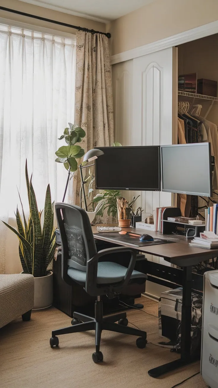 This living room office showcases brilliant small office design, transforming a small space office into a productive haven.  Home office ideas abound in this setup with two monitors, proving that a compact home office can be both efficient and aesthetically pleasing.  The perfect example of creating office space in living room, this design even incorporates a bedroom office ideas feel, making it a versatile and inspiring workspace.